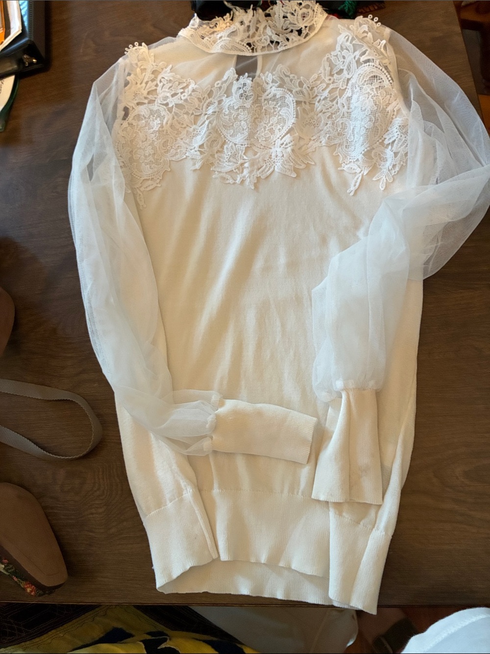 Adiva Ivory Lace Yoke Sheer Sleeve Pullover
